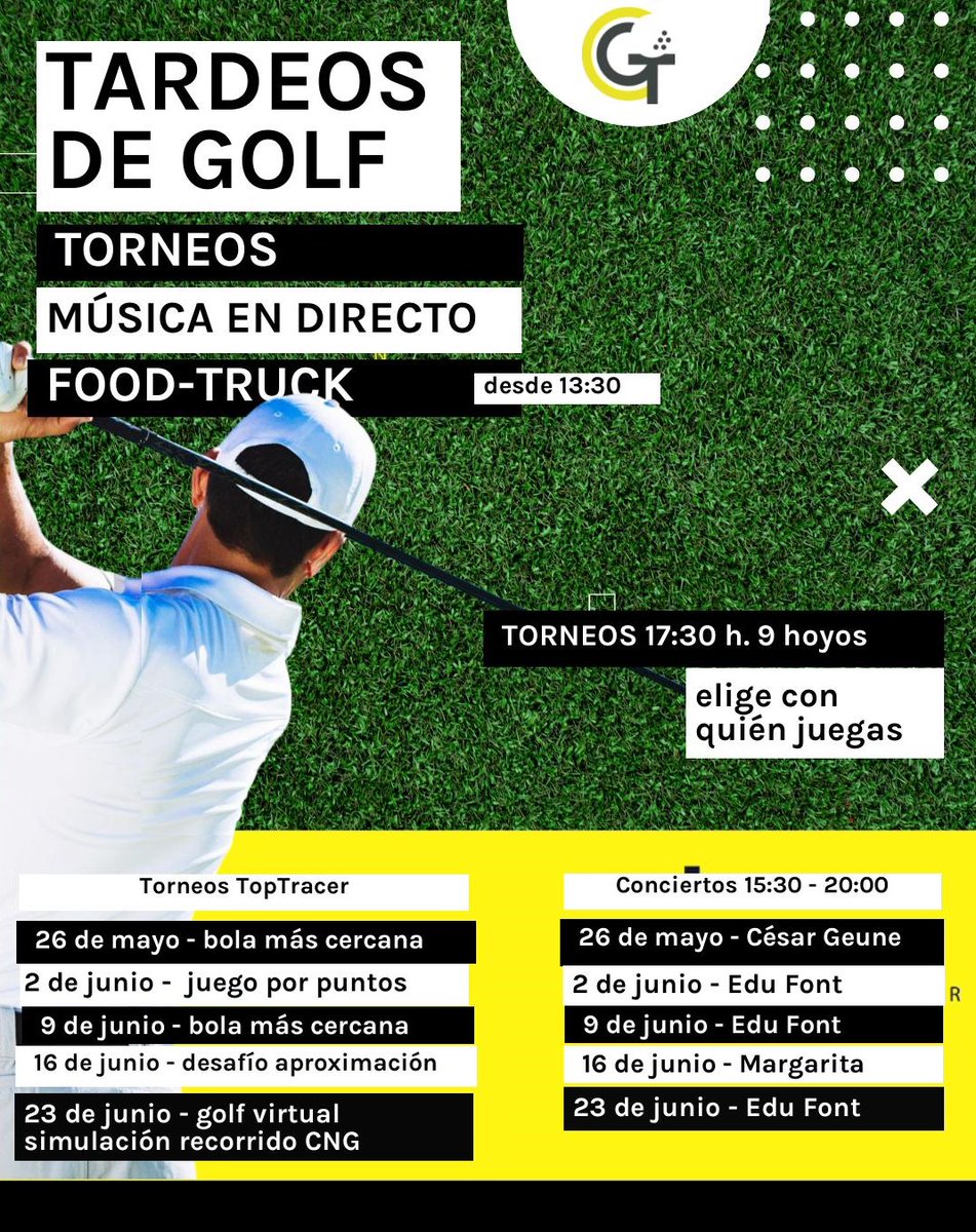¡Llegan los TARDEOS DE GOLF a la <a href="/escuela_golfFGM/">Escuela de Golf FGM</a>  ⛳!
Música en directo 🕺, torneos de 9 hoyos 🏌‍♂️y torneos virtuales <a href="/Toptracer/">Toptracer</a> , foodtruck🍔 ... premios, sorteos...
Los domingos por la tarde en la Escuela.🎉
Más información e inscripciones, aquí: ctg.fedgolfmadrid.com/noticia/llegan…