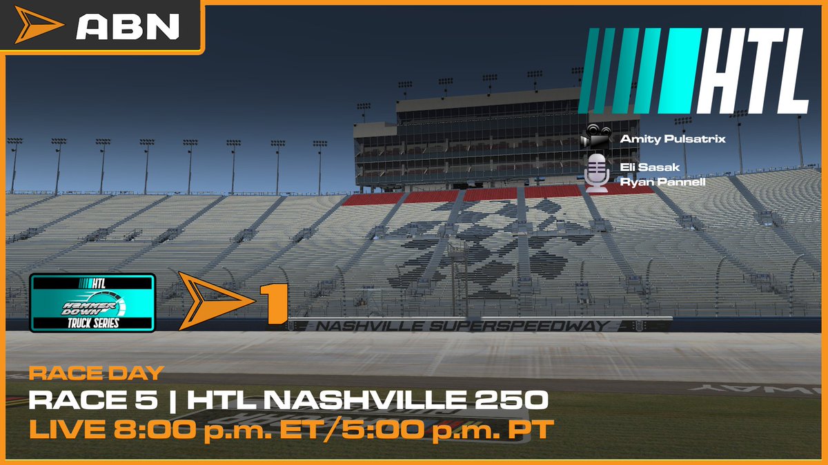 #HTLTrucks | We keep things rolling in the HTL Hammer Down Truck Series, arriving at Nashville Superspeedway to let the gang duke it out on the concrete. 8 p.m. ET | 117 laps | ABN1 @HTLRacingLeague | @ABNeSports_US