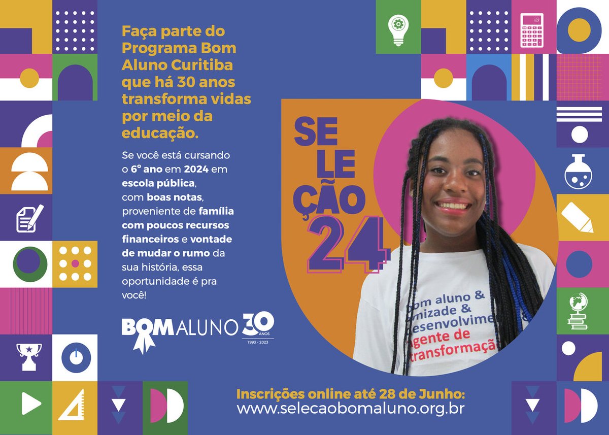 FatoAgenda's tweet photo. Programa Bom Aluno #Curitiba busca crianças cursando 6º ano do fundamental, em 2024, na rede pública de ensino, com notas acima de 7,0, frequência acima de 90%, proveniente de família com baixa renda. Inscrições até 28/ Junho. Confira no #FATOagenda, aqui https://t.co/KznzQLl332 https://t.co/UeOrZ3twrW