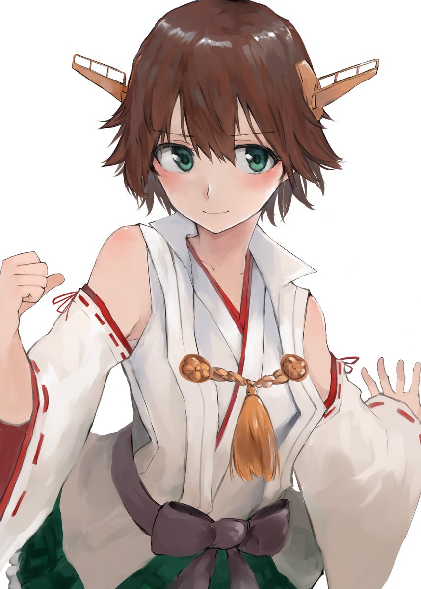 hiei (kancolle) 1girl solo smile short hair simple background skirt brown hair  illustration images