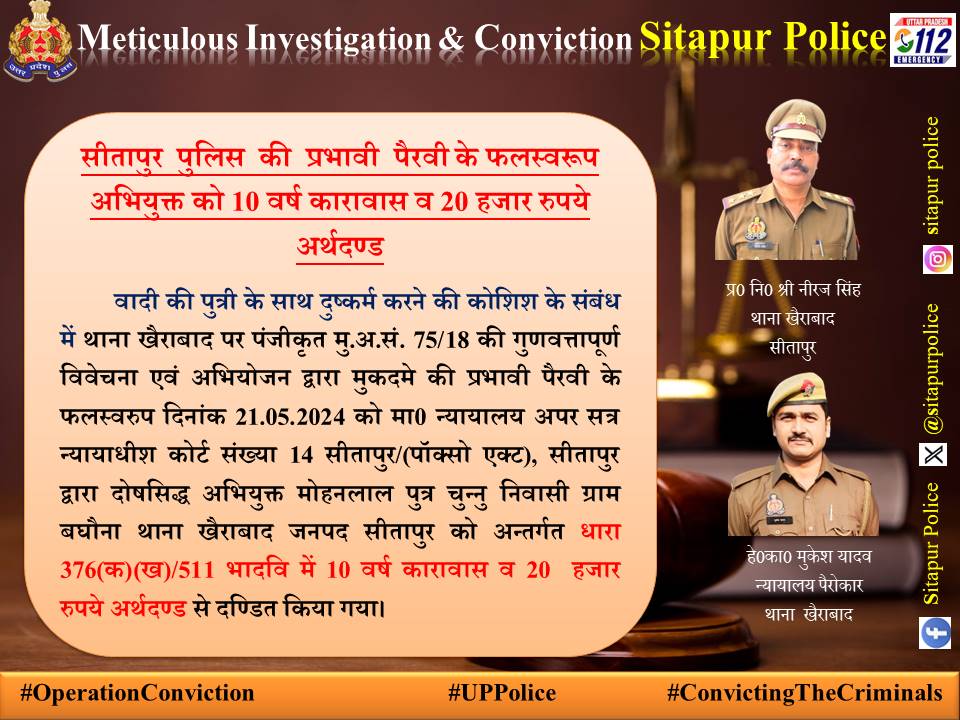 #SitapurPolice PS खैराबाद व अभियोजन की सतत पैरवी के फलस्वरूप मा0 न्यायालय द्वारा अभियुक्त को 10 वर्ष  कारावास व 20 हजार रुपये अर्थदण्ड की सजा सुनाई गयी। #UPPolice #OperationConviction #GuiltyVerdict #ConvictionJustice
@Uppolice
@dgpup
@adgzonelucknow
@Igrangelucknow