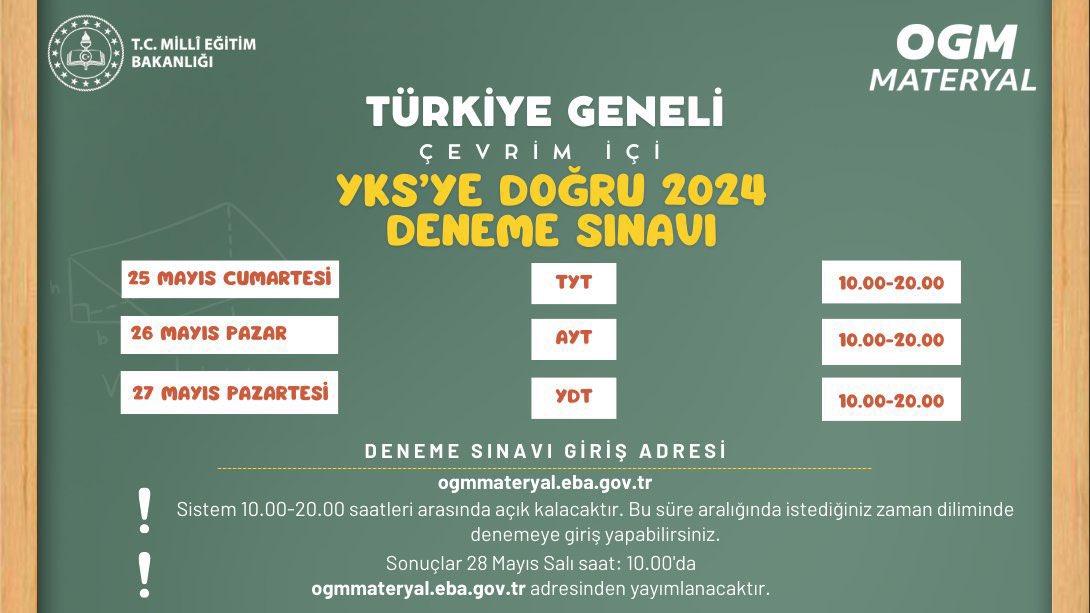 Bakanlığımız Ortaöğretim Genel Müdürlüğü koordinesinde YKS’ye Doğru 2024 Türkiye Geneli Çevrim İçi Deneme Sınavı yapılacaktır.

Detaylar için tıklayınız 👉meb.ai/UKncNaq

<a href="/tcmeb/">Millî Eğitim Bakanlığı</a> <a href="/Yusuf__Tekin/">Yusuf Tekin</a> <a href="/tcmuglavaliligi/">Muğla Valiliği</a> <a href="/idrisakbiyik/">Dr. İdris AKBIYIK</a> <a href="/mugla_mem/">Muğla İl Millî Eğitim Müdürlüğü</a> <a href="/emrecay55/">Emre ÇAY</a> <a href="/idriskomurcu/">idris KÖMÜRCÜ</a>