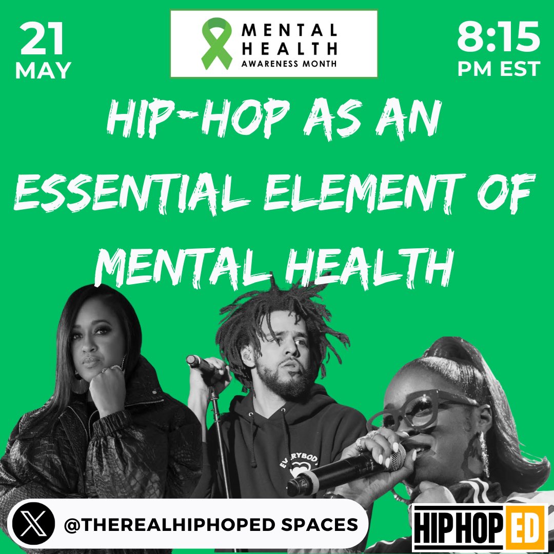 Tonight 8:15 pm EST Join us on spaces w/<a href="/TheRealHipHopEd/">#HipHopEd</a> as we discuss Hip Hop as an essential element of Mental Health #HipHopEd