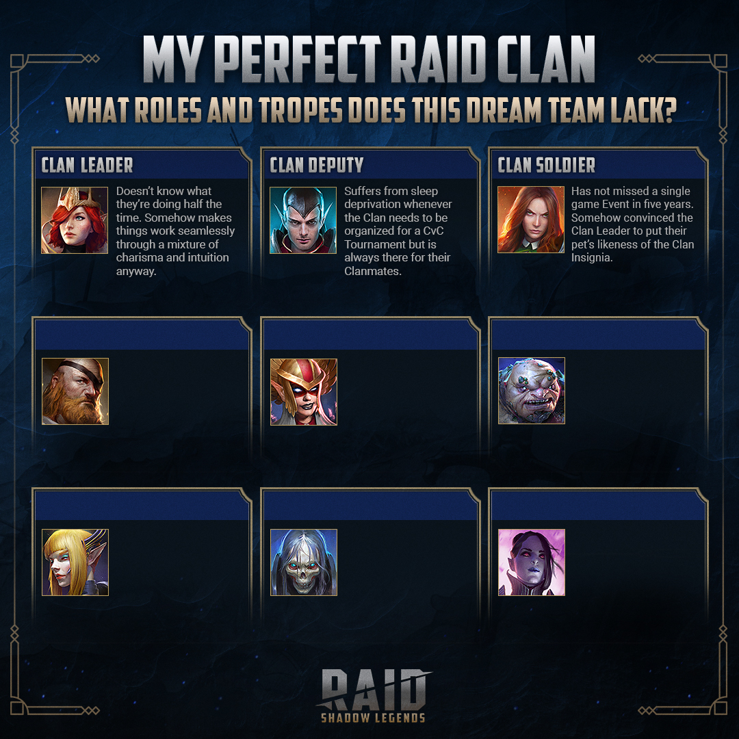 Build your perfect Clan to win every Tournament in RAID! Everyone knows the classic ranks currently available, but is that enough for the task at hand? Come up with some new Roles and suitable archetypes that would go with them!