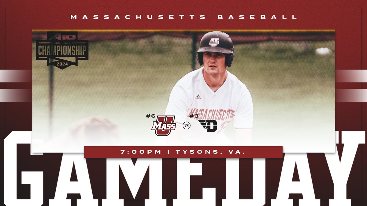 UMassBaseball's tweet photo. Postseason. Starts. TODAY‼️

⚾️ #A10Base Championships Opening Round
🆚 No. 3 Dayton
📍 Tysons, Va.
🏟️ Capital One Park
⏰ 7 p.m.
📺 ESPN+
💻 https://t.co/q4bYkTVdxJ
📊 https://t.co/v0lH9ezQ7N

#Flagship🚩 https://t.co/L0zUzfyIWZ
