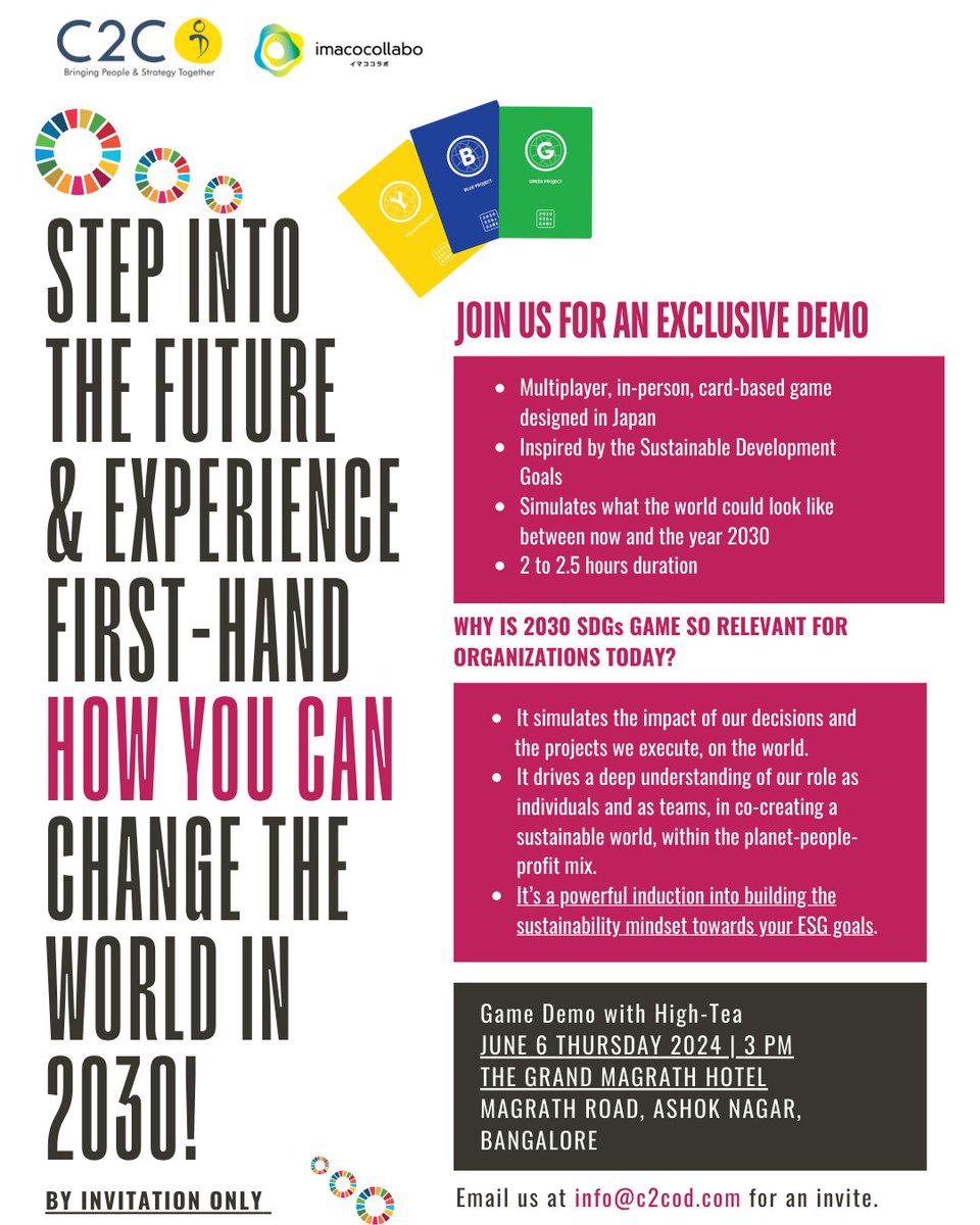 C2C-OD Bringing People & Strategy Together (@c2cod) on Twitter photo Ready to supercharge your sustainability mindset? Join us for an exclusive demo of the 2030 SDGs game in Bangalore this June 6th! Calling all sustainability enthusiasts – this invite-only event is your gateway to ESG excellence. DM us or email
info@c2cod.com
to secure your spot! Ready to supercharge your sustainability mindset? Join us for an exclusive demo of the 2030 SDGs game in Bangalore this June 6th! Calling all sustainability enthusiasts – this invite-only event is your gateway to ESG excellence. DM us or email
info@c2cod.com
to secure your spot!