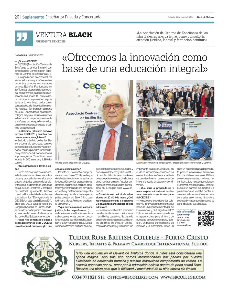 CeceiBalears's tweet photo. Entrevista a Ventura Blach, presidente de @CECEIBalears , en el suplemento de Enseñanza Privada y Concertada del @diariodemallorca este sábado 18 de mayo.
#ceceib #educación #escuelaconcertada #escuelaprivada https://t.co/AAYLaQmxyS