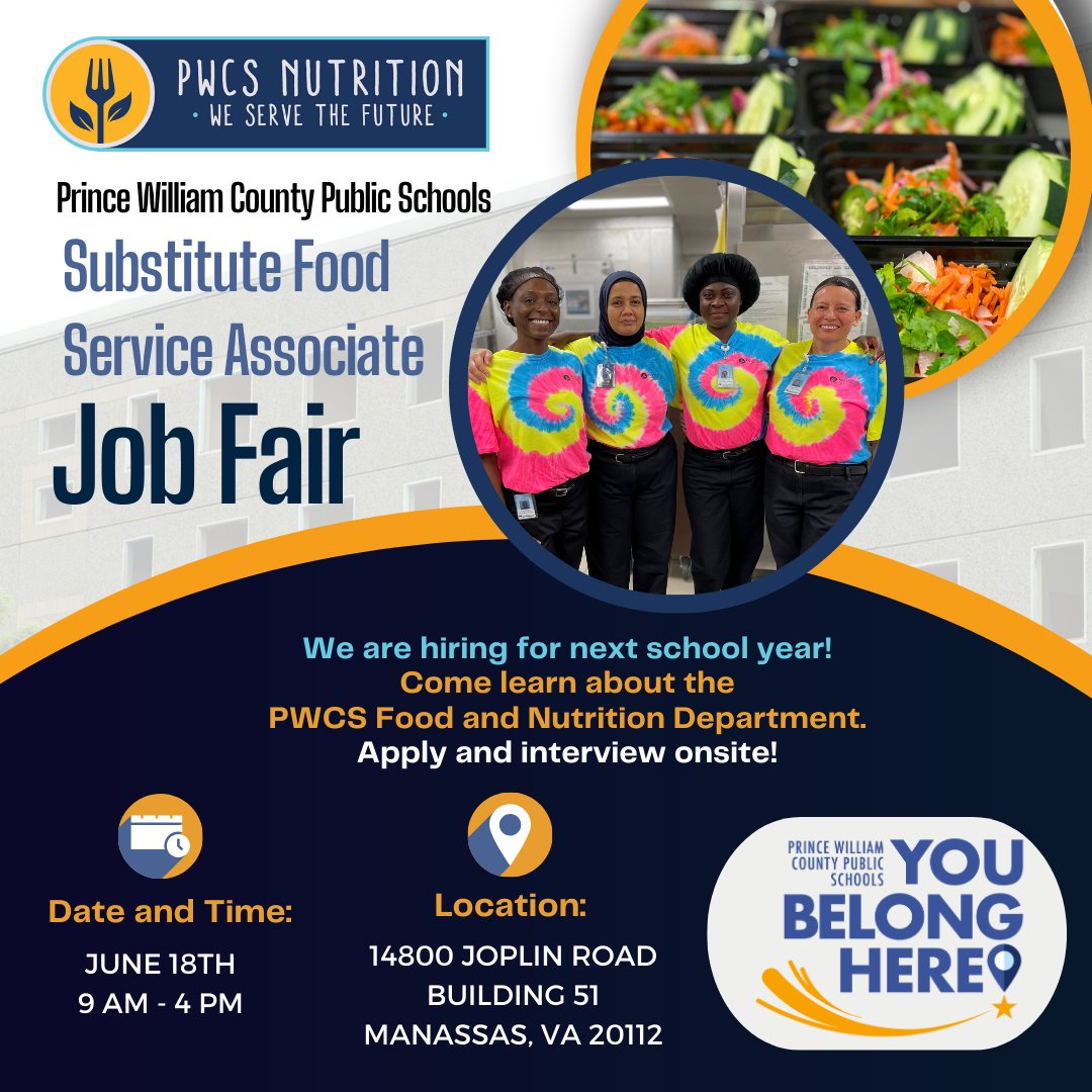We are hiring for next school year! Join us at our PWCS Nutrition Job Fair on June 18th from 8am-4pm. Apply for jobs online at PWCS.edu/Employment or in-person at the job fair. We will doing interviews onsite! Register to attend the Job Fair: forms.office.com/r/tYiPQk759G