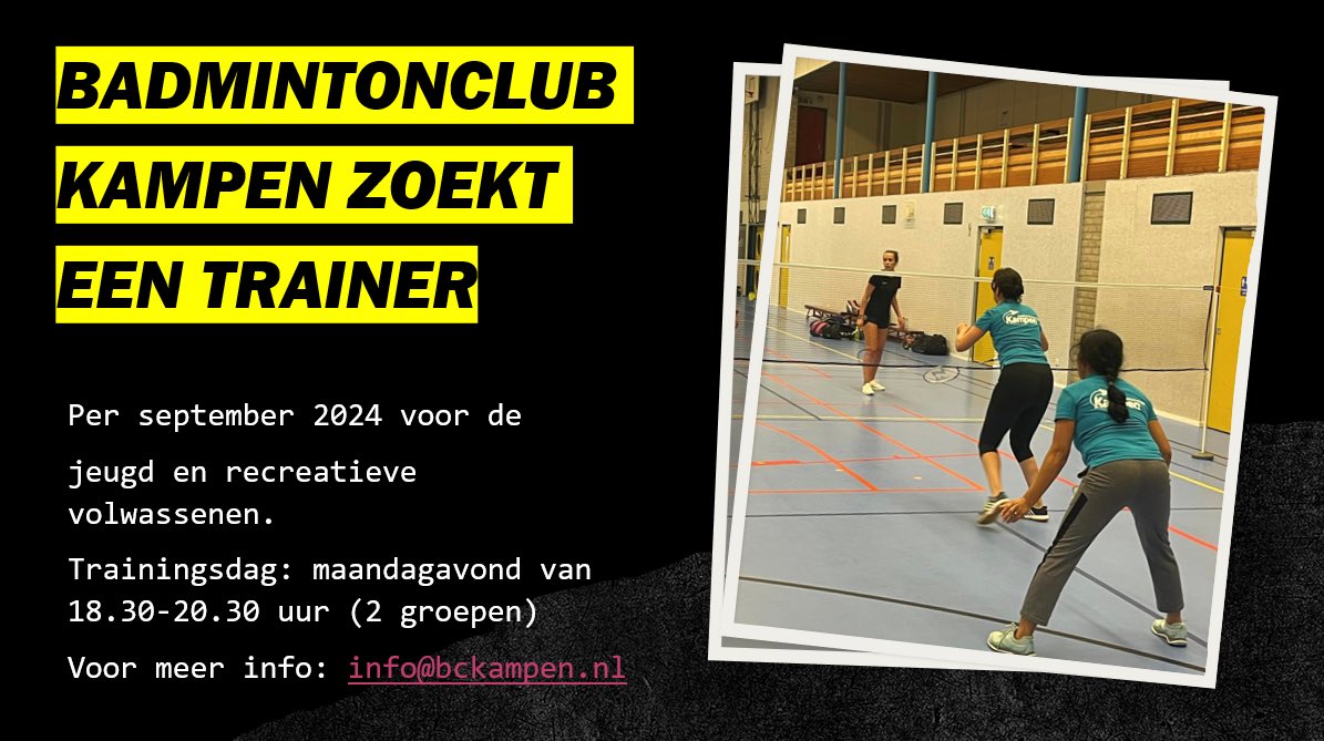 Wij zijn opzoek naar een jeugd/recreanten trainer. Ken je iemand of is dit iets voor jou?contact ons dan op info@bckampen.nl
Delen wordt gewaardeerd!