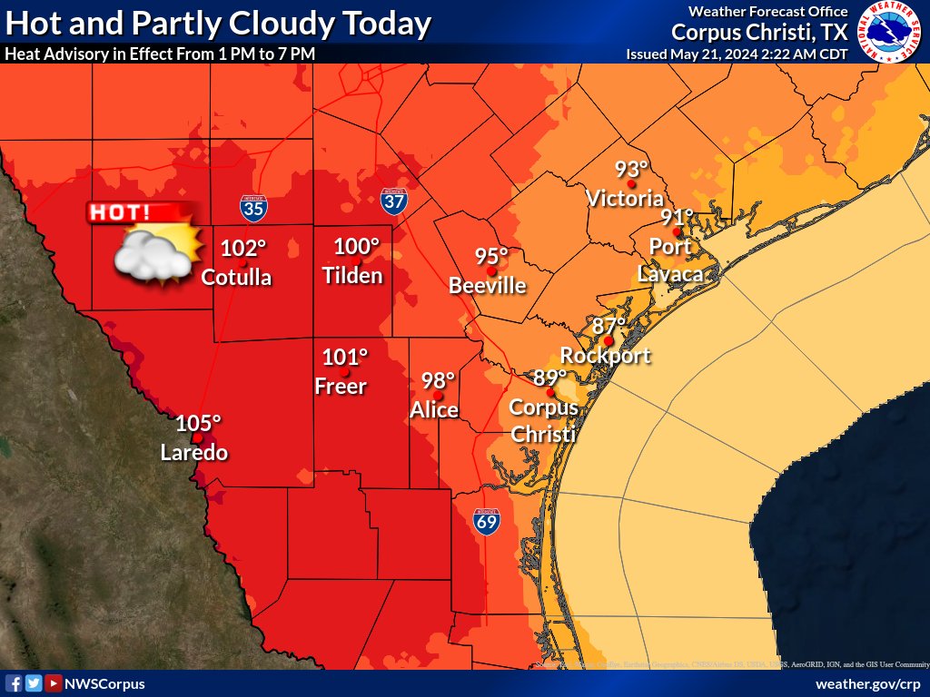 There is a Heat Advisory in effect today across portions of South Texas with heat index values up to 114 degrees. Otherwise, it will be partly cloudy with southeasterly winds gusting to 20-25 MPH in the afternoon. Stay safe and hydrated! #stxwx #txwx