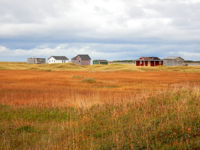 Looking across the salt marshes at Tickle Point at some fishing sheds and summer cabins there. The folks that fish from here are lobster fishers.