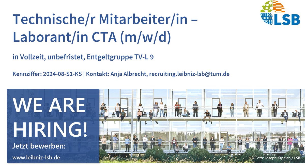 👋Bitte weitersagen: Das @LeibnizLSB in Freising sucht: 👉Technische/r Mitarbeiter/in – Laborant/in CTA (m/w/d) in Vollzeit. Mehr Info: leibniz-lsb.de/fileadmin/doc/…