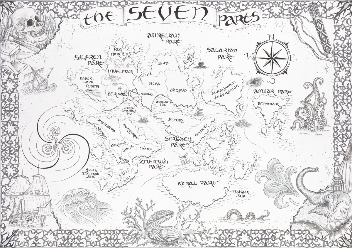 ✨ BOOK MAP REVEAL ✨

The 1st map is an ode to ink & a basic overview in broad strokes of the Seven Parts of the world. Our mapmaker's journey begins in the Silfren Part—the subject of my next map reveal...

Artist: the author

ARC requests: docs.google.com/forms/d/1XXgBM…

#booktwitter