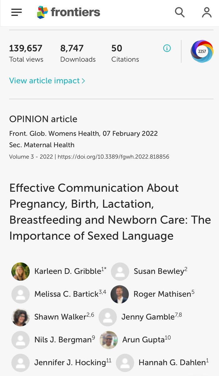 The paper on the importance of sexed language for communications regarding pregnancy, birth, lactation, breastfeeding and newborn care is now just shy of 140,000 views. Thanks @DrKarleenG et al and everyone who read, shared and engaged in the discussion. doi.org/10.3389/fgwh.2…