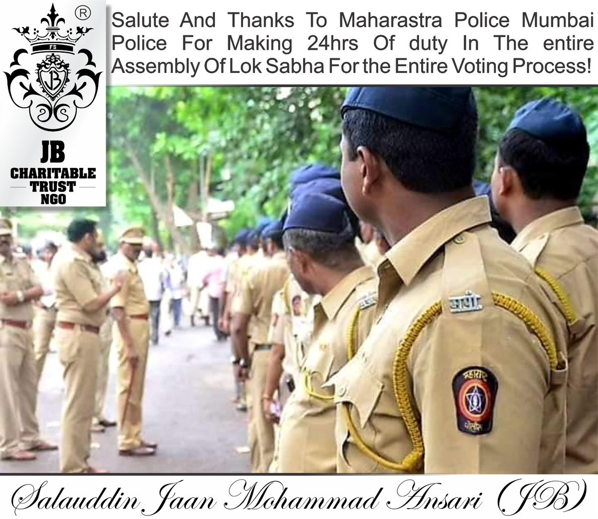 jbcharitabletru's tweet photo. Salute And Thanks To #MaharastraPolice #MumbaiPolice For Making 24hrs Of duty In The entire Assembly Of Lok Sabha For the Entire Voting
#LokSabha2024 #VotingRound5 #Vote @MumbaiPolice
#Police #KurlaPolice #Kurla
#JBCharitableTrust
#Ngo #MumbaiNgo
#SalauddinAnsari #JBBhai https://t.co/ud6lJzOfnr