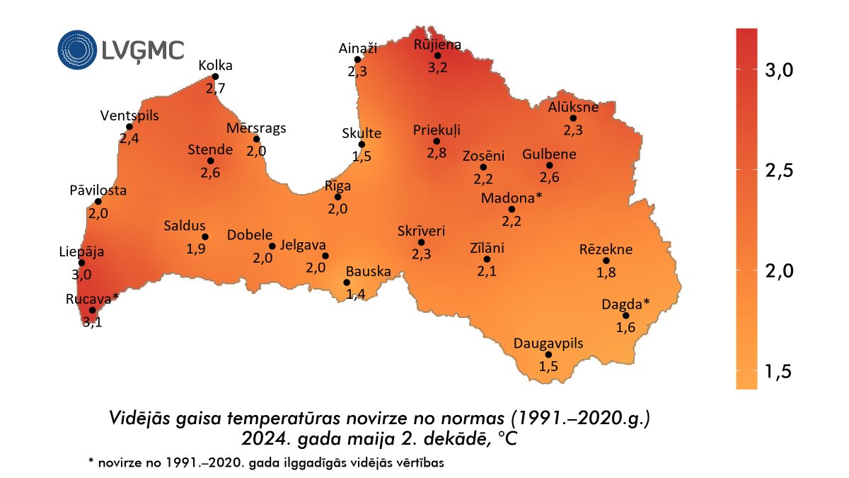LVGMC_Meteo's tweet image. Maijs turpinājās ar siltu un sausu laiku, dekādei esot 2,3 °C siltākai un 88% sausākai par normu. Dažviet bija novērojams pērkona negaiss, lietus un krusa, novērota arī ziemeļblāzma un t. s. velna slota jeb putekļu virpulis.

Plašāk: klimats.meteo.lv/operativais_kl…
#klimats #pavasaris