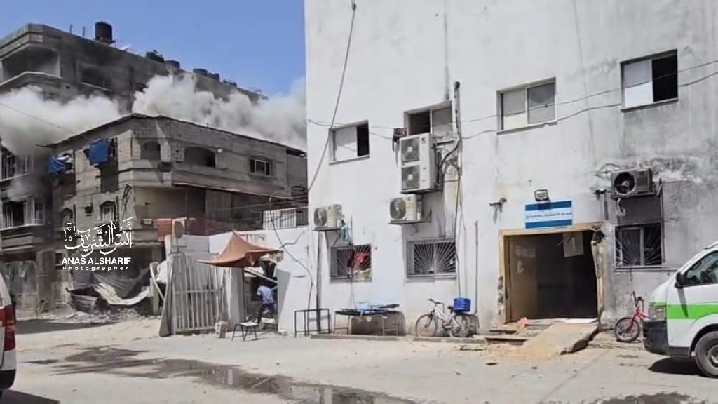The moment Israeli occupation warplanes targeted one of the buildings of Kamal Adwan Hospital in Beit Lahia, northern Gaza.