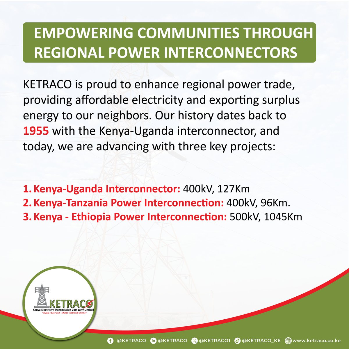 Did You Know? 

KETRACO connects nations with regional power interconnectors, driving sustainable development across East Africa since 1955!

#KETRACO #KETRACOprojects #NationalGrid #PowerInfrastructure   #PowerTransmission #Transmission #SubStations #ReliablePower #StablePower