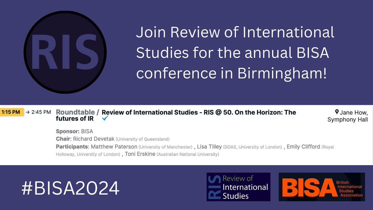 The final #BISA2024 program is online now! @RISjnl is sponsoring several panels. Join us on Thursday, June 6 for a special panel on our 50th anniversary 👇👇 buff.ly/47SeB6D @MYBISA @CUP_PoliSci