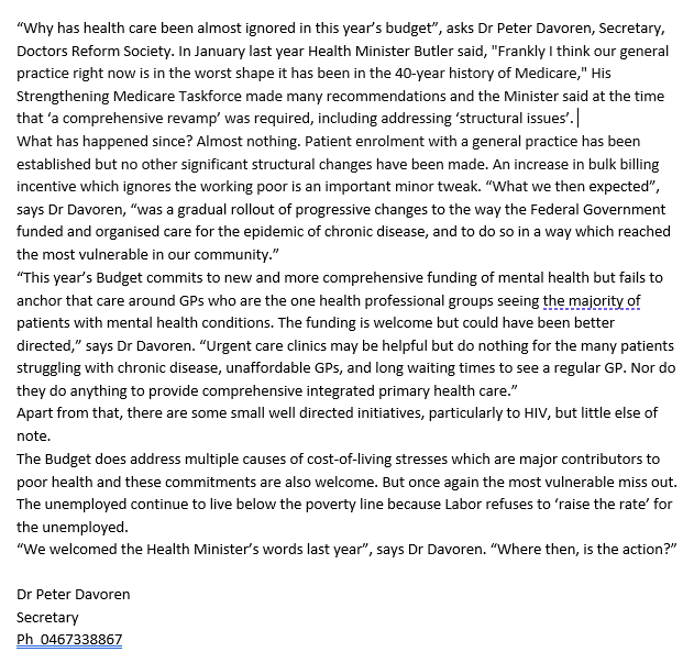 What ever happened to the repair of Medicare with structural reforms and comprehensive primary care. Forgotten in the budget
<a href="/AusHealthReform/">AHCRA</a> <a href="/CroakeyNews/">Croakey News</a> <a href="/stephenjduckett/">Stephen Duckett</a> <a href="/Greens/">Australian Greens</a>