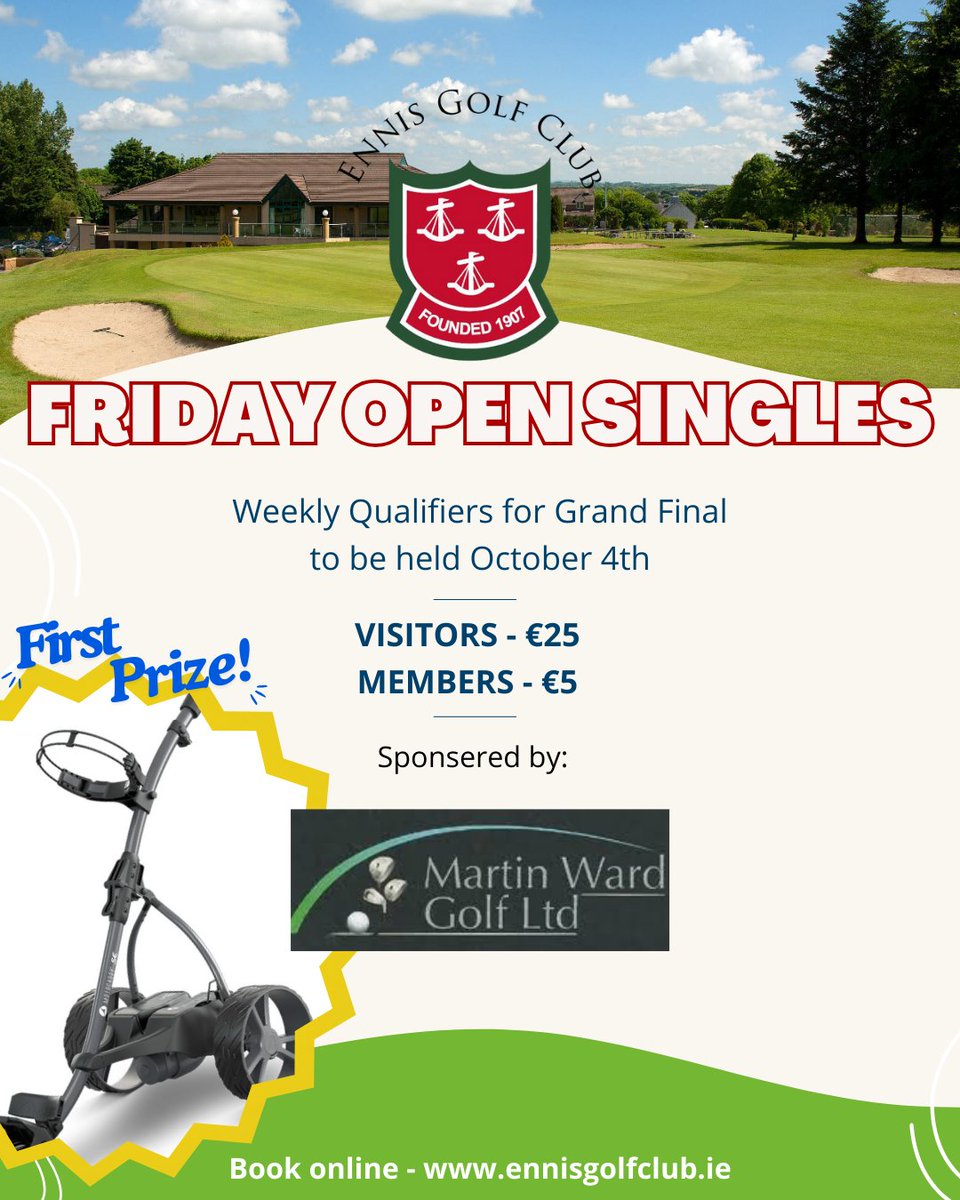 ⛳️Our Friday Open Singles kicks off this Friday. Weekly Qualifiers go through to the Grand Final to be held on October 4th. Great Prizes on offer!! Book online at ennisgolfclub.ie or call 065-6824074. 
#Fridayopensingles #EnnisGolfClub #clare #golfclare #golfireland⛳️