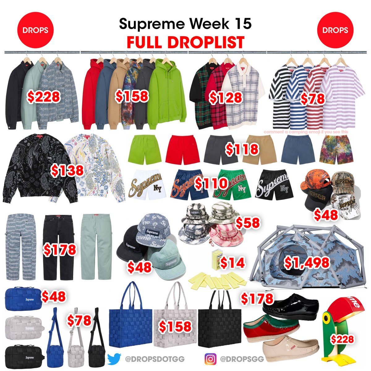 Supreme Week 15 - Full Droplist & Retail Prices Clarks collaboration, Denim Set, Toucan Lamp, Tent, Post-Its, Woven Bags and more 🔥 What are you going for this week? Let me know 👇