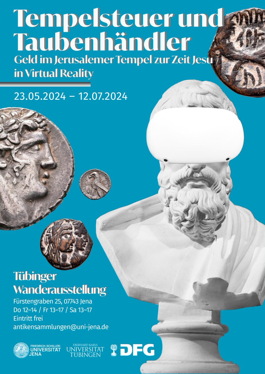 Morgen wird um 18:15 Uhr die Tübinger Wanderausstellung "Tempelsteuer und Taubenhändler. Geld im Jerusalemer Tempel zur Zeit Jesu in Virtual Reality" feierlich an der <a href="/UniJena/">Universität Jena</a> eröffnet! Ein großes Dankeschön geht an <a href="/krmnicek/">Stefan Krmnicek</a> und sein Team!!! 🥳🪙🥂