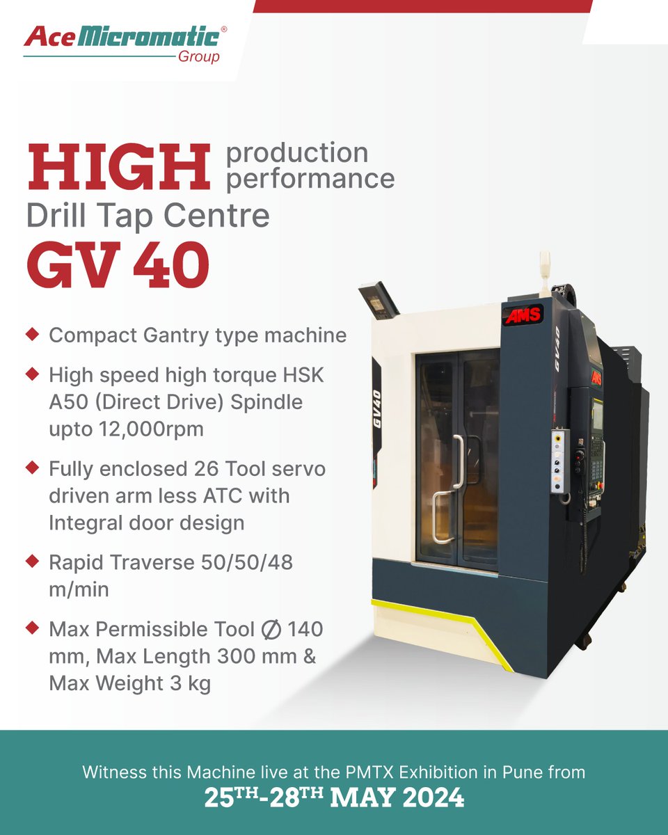 AceMicromatic's tweet photo. Unleash productivity with GV 40! Ideal for automotive, aerospace, and general engineering, this compact gantry-type machine delivers high performance and high production capabilities. https://t.co/116DbQr23t