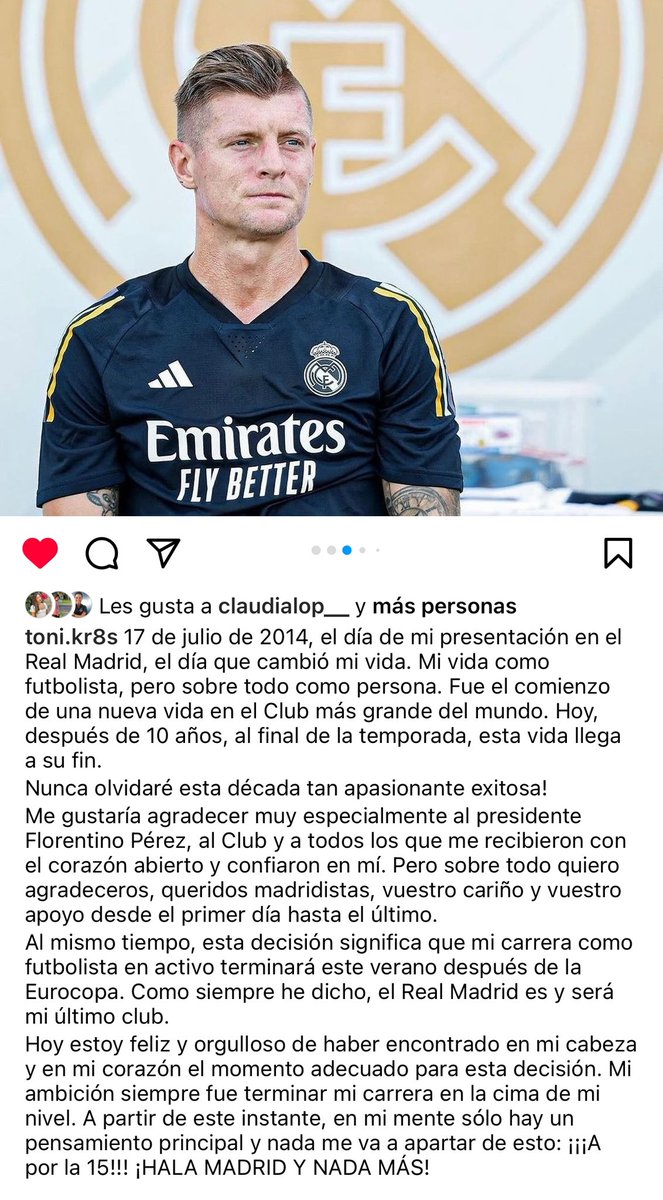 Toni Kroos se retirará del fútbol después de la Eurocopa. En su comunicado apunta: “El Real Madrid es y será mi último equipo” 😢