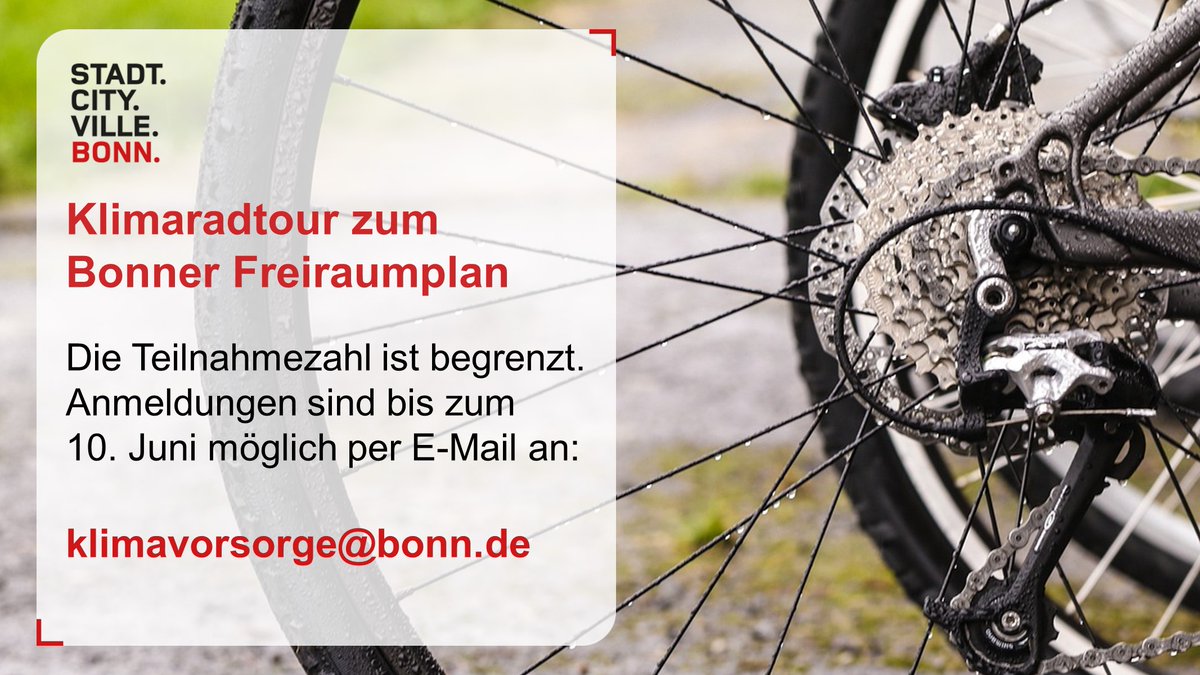 Am Samstag, 15. Juni, laden das Amt für Umwelt und Stadtgrün der Stadt #Bonn und der ADFC wieder zur Klimaradtour ein! Bei der diesjährigen Rundfahrt wird der Bonner Freiraumplan vorgestellt, der derzeit in den politischen Gremien beraten wird. Alle Infos: bonn.de/pressemitteilu…