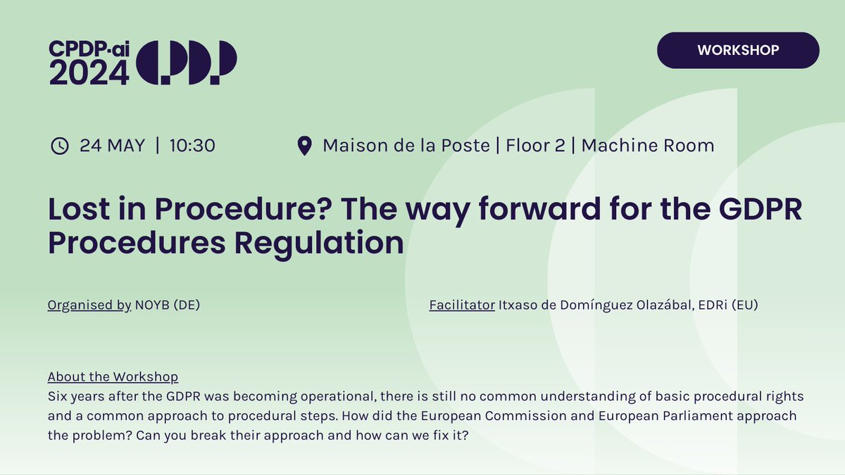Save the date: At this week's @CPDPconferences in Brussels, noyb will be hosting a workshop on the GDPR Procedures Regulation with @itxasdo. #CPDP2024 If you're at the conference, come by and say hi! More details below 👇