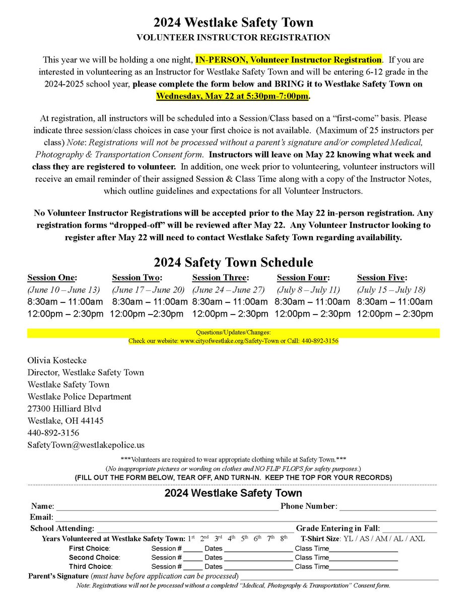 Safety Town Volunteer registration TOMORROW!: This year we will be holding a one night, IN-PERSON, Volunteer Registration. If entering 6-12 grade in the 2024-2025 school year, please complete the form below and BRING it to Westlake Safety Town on Wed, May 22 at 5:30pm-7pm.