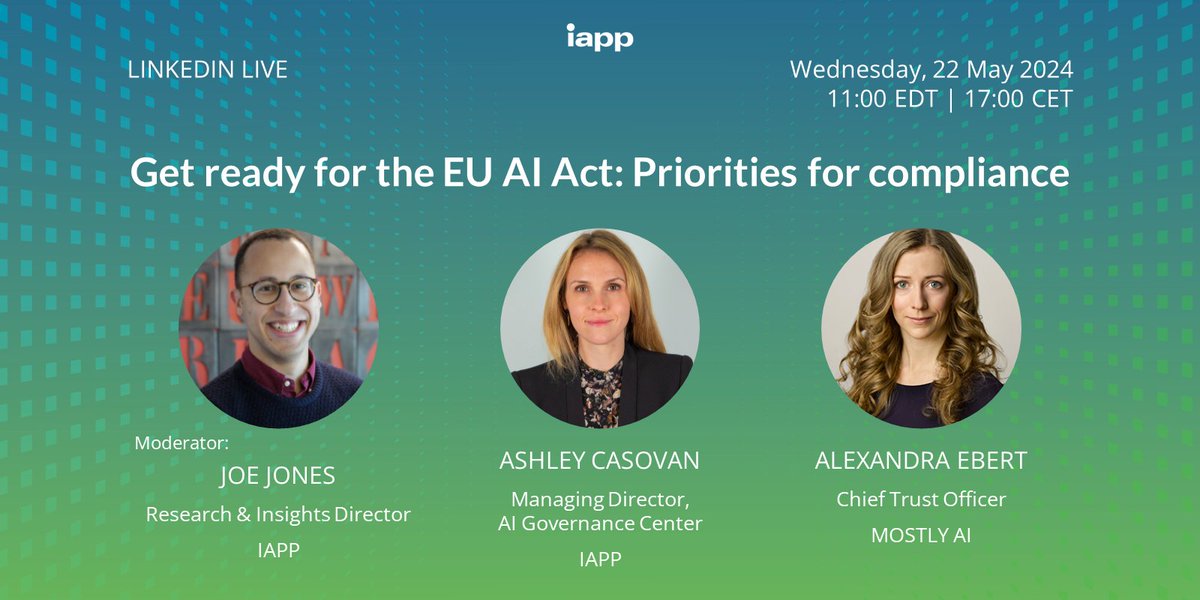 Upcoming #LinkedInLive on the #EUAIAct: 'Get ready for the EU AI Act: Priorities for compliance.' Register now to hear @JoeGTJones, Ashley Casovan and @AlexEbert_AI (@mostly_ai) discuss this timely issue: bit.ly/4brKCVD