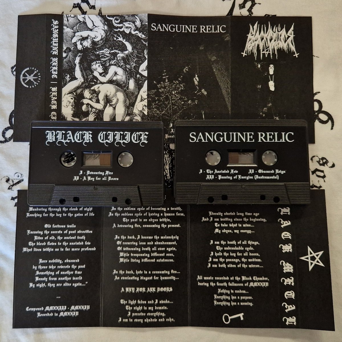OUT NOW! BLACK CILICE / SANGUINE RELIC (Portugal/USA) 'Esoteric Stygianism' Split Tape - Black tape with white onbody print - 6 panel J-Card Order: shop.ironbonehead.de