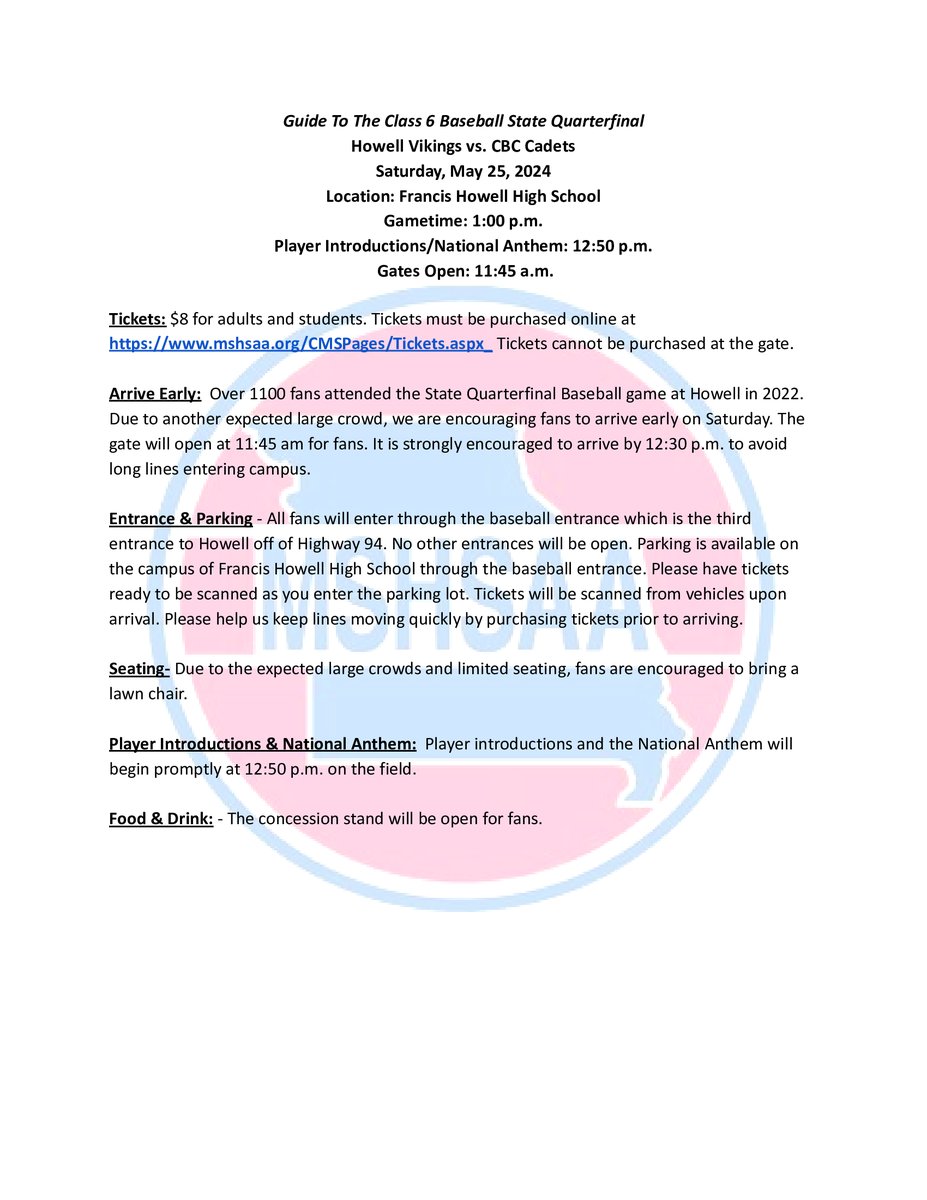 The stage is set for the baseball State Quarterfinal! Find all of the info you need below. Please be sure to pay attention to the purchasing of tickets and entrance/event parking. It is going to be a great day @ The H! <a href="/howell_baseball/">Howell Baseball</a>