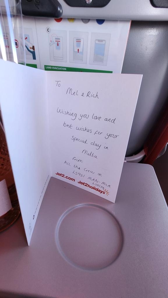 0052MEL's tweet photo. Aw @jet2tweets are doing us proud! Thank you for our wedding announcement on the plane, card, free drinks! 🥂 wedding here we come! 😁 https://t.co/JWybm4uj15