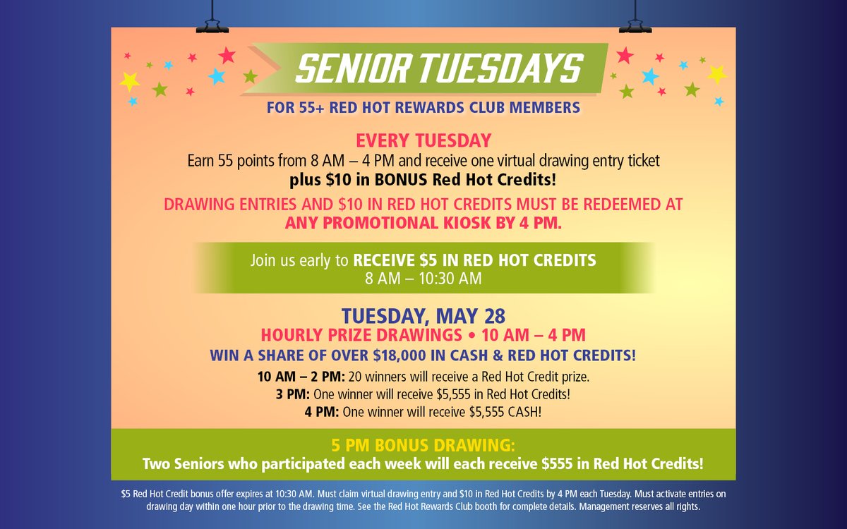 👴👵 Seniors, it's your day to shine at FireKeepers Casino! 🎉 Earn 55 points between 8 AM to 4 PM on Senior Tuesday and receive a virtual drawing ticket PLUS $10 in bonus Red Hot Credits! Get ready to win big on May 28th! 💰 #SeniorTuesdays