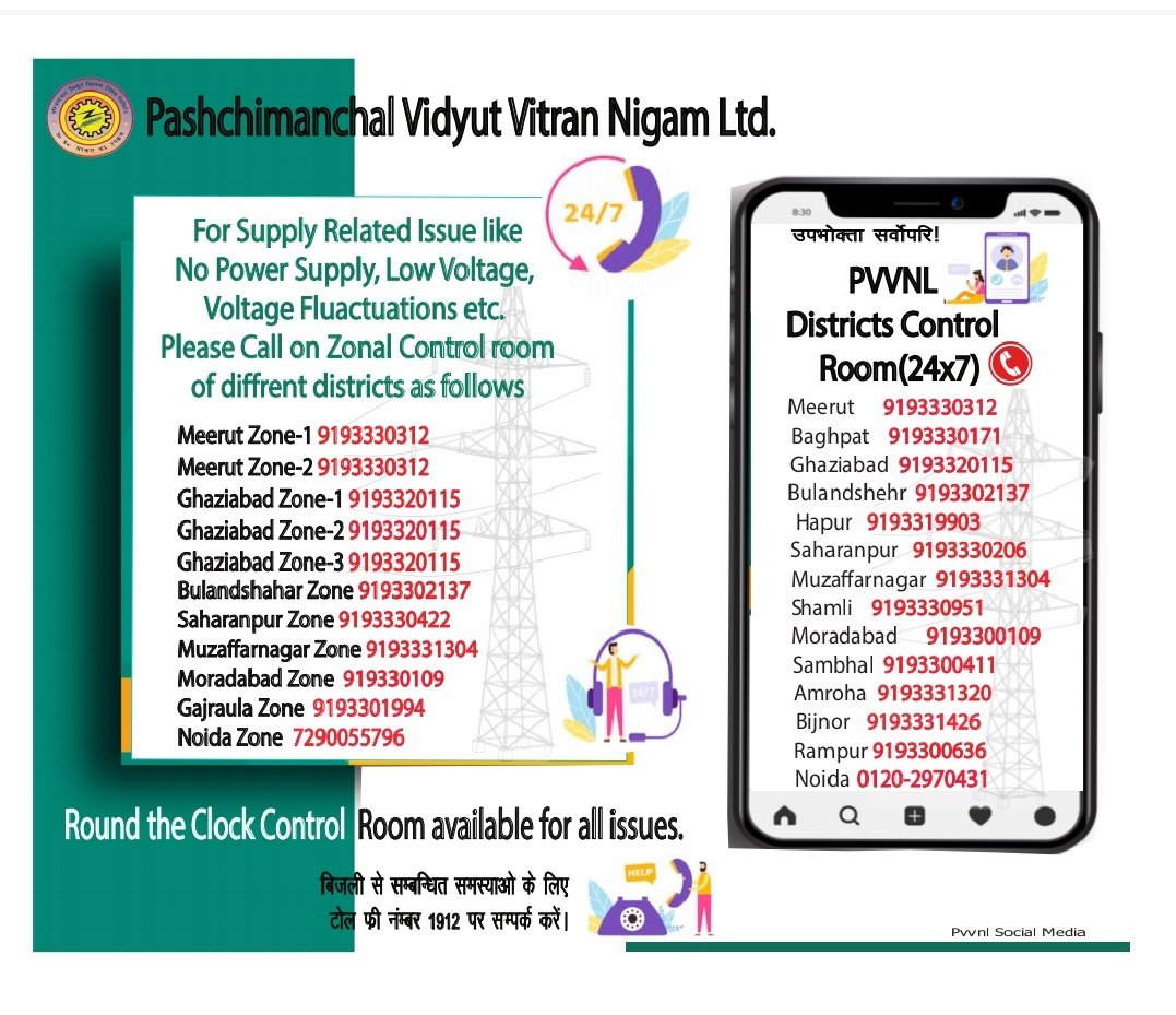 MdPvvnl's tweet photo. For Supply Related issues like,
No power supply, low voltage, voltage fluctuations etc. Please call on zonal control room of different districts as follows.
@UPPCLLKO 
@aksharmaBharat https://t.co/mklWibYpwR