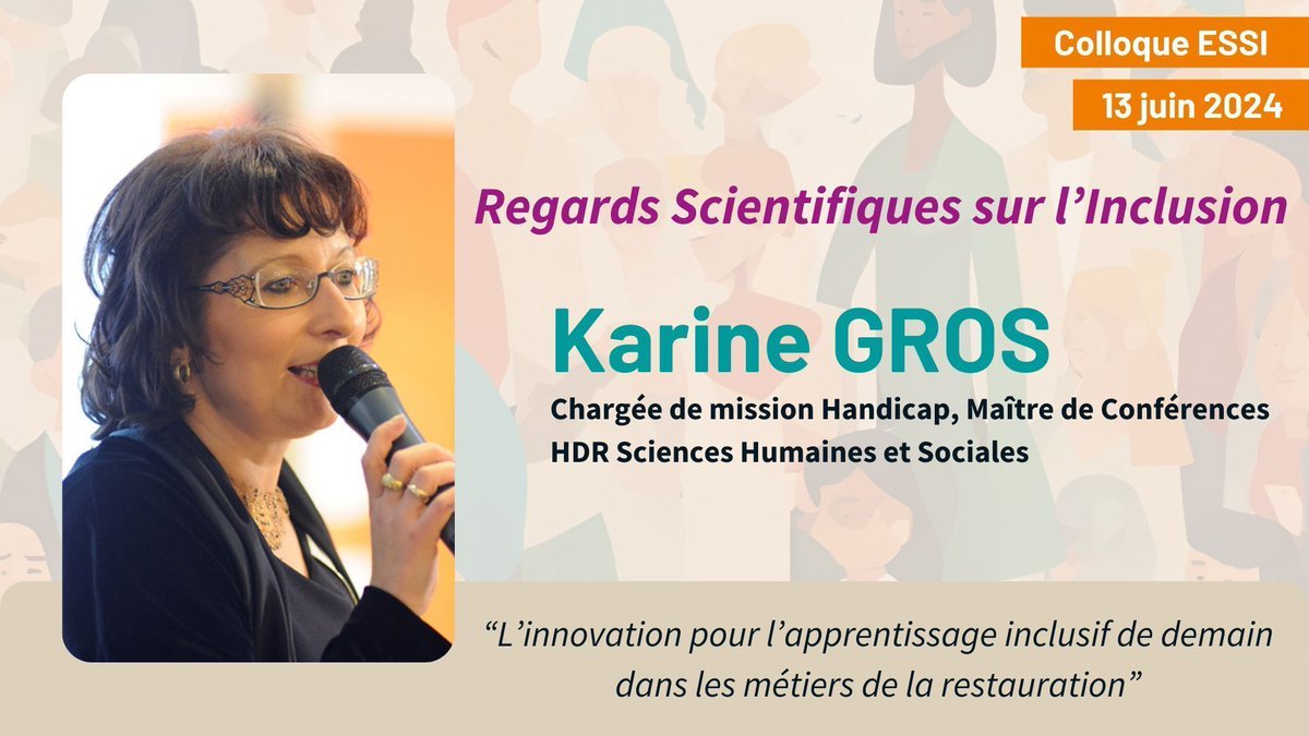 EvrySenartScIn's tweet photo. [#RechercheInnovation]
Découvrez les intervenants du #ColloqueESSI #inclusion ✨  

📣 @KarineGrosHandi, @UPECactus, évoquera l'apprentissage inclusif dans les métiers de la restauration !

📆 13/06
📍 Evry 

+ d'infos➡️ https://t.co/tzxUcmgfur https://t.co/CibQambkd3