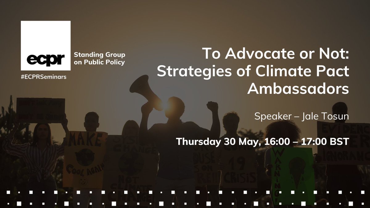 👨‍💻 Next week in @ECPR_PublicPol #ECPRSeminars ⤵️ 🗣️ @jale_tosun will discuss how the European Green Deal fosters participatory governance, including the newly introduced climate pact ambassadors (CPAs) 💻 Thu 30 May, 16:00–17:00 BST ✍️ Register FREE ecpr.eu/Events/254