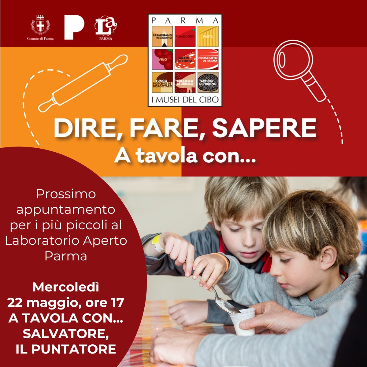 Ultimo incontro per i più piccoli dell’iniziativa Dire, fare, sapere per parlare di competenze e di mestieri. Ingresso gratuito. Prenotazione obbligatoria> eventbrite.it/o/laboratorio-… #parma #museidelcibo