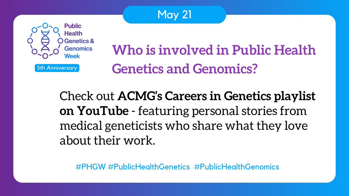 Day 2 of #PHGW: Who is involved in public health genetics & genomics? Tune to ACMG’s Careers in Genetics playlist on YouTube to hear medical geneticists share what they love about their work. bit.ly/3l2fLKl #PublicHealthGenetics @AMSANational @SNMA @APAMSA @LMSA_National