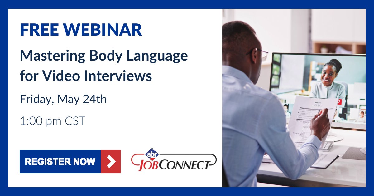 ABRjobs's tweet photo. Are you ready to ace your next video interview? Join us for a webinar on "Mastering Body Language for Video Interviews" on Friday, May 24th at 1:00 pm! 

Register here ➡️ https://t.co/w4uupm89XT

#JobSeekers #CareerTips #VideoInterviews https://t.co/TXU2ZBvJo3
