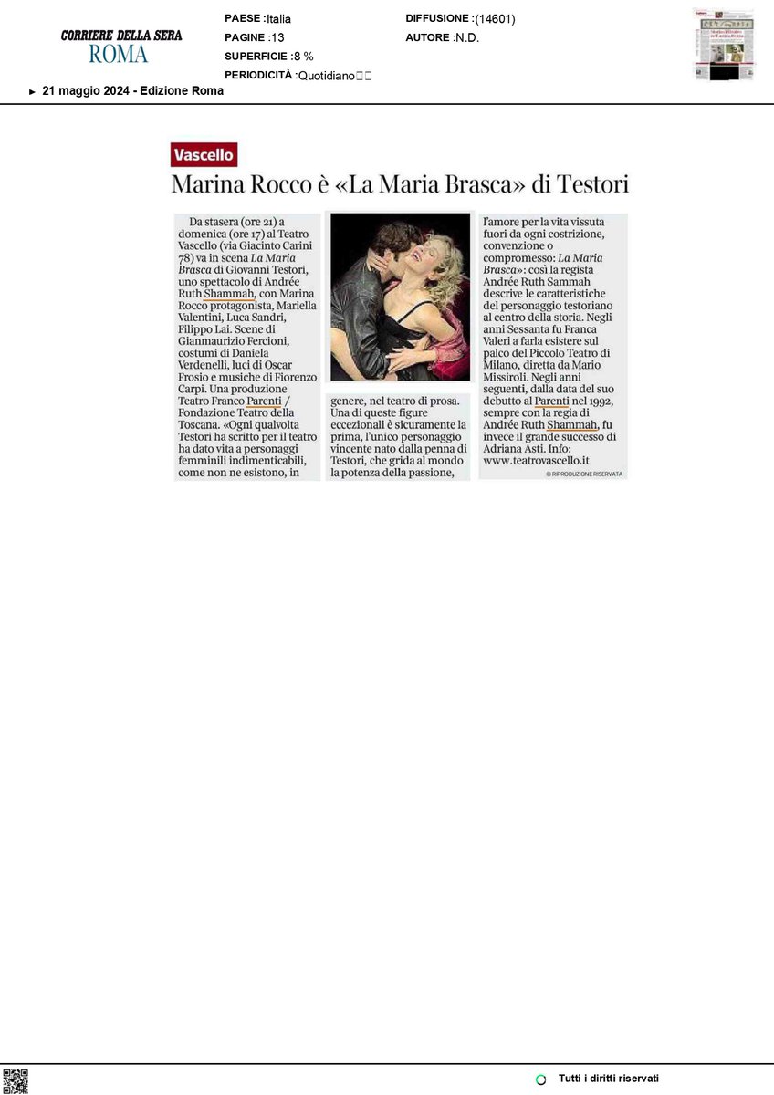 grazie a @Corriere della Sera, Il @tempoweb , Il @ilmessaggeroit e @LatinaOggi vi aspettiamo LA MARIA BRASCA al @TeatroVascello , dal 21 al 26 maggio dal martedì al venerdì h 21, sabato h 19 e domenica h 17 Info: 06 5881021 – 06 5898031 promozioneteatrovascello@gmail.com