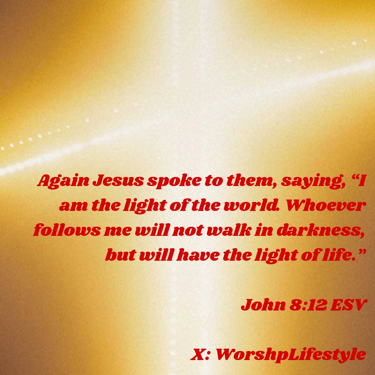 John 8:12 ESV
Again Jesus spoke to them, saying, “I am the light of the world. Whoever follows me will not walk in darkness, but will have the light of life.” 

bible.com/bible/59/jhn.8…
#VerseOfTheDay #BibleVerse #WorshpLifestyle #WorshipLifestyle