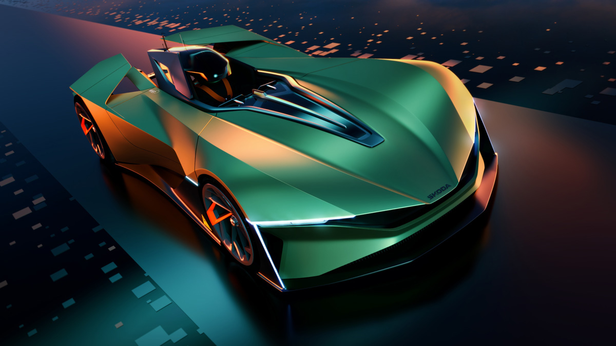 🏎️💨 @skodaautonews unveils 'Škoda Vision Gran Turismo' for @theGranTurismo 7! 🔋 Powered by four 800 kW electric motors with all-wheel drive 🌟 Inspired by Škoda 1100 OHC Spider, featuring modern solid design & explorer green paint 🎨 Gamers can customize with two paint options