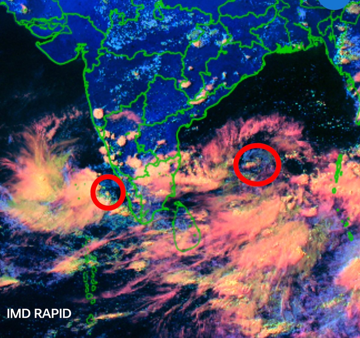 The #ShearZone over Peninsular #Bharat has now spun twin vortices in both basins - One off #Kerala coast & another over south central BoB. The one near Kerala will push intense rainfall bands over southern parts over next 24-36 hrs that can cause flooding! The bay vortex will