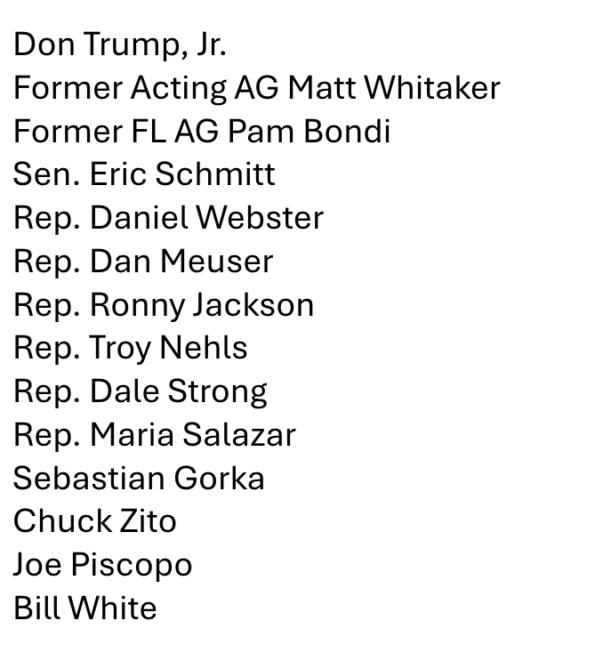 A series of notable guests will join Trump in court today, including: Don Jr. (as we first reported), fmr acting AG Matt Whitaker, fmr FL AG Pam Bondi, Sebastian Gorka & a series of congressmen Also: Former president of the Hells Angel gang Chuck Zito & comedian Joe Piscopo