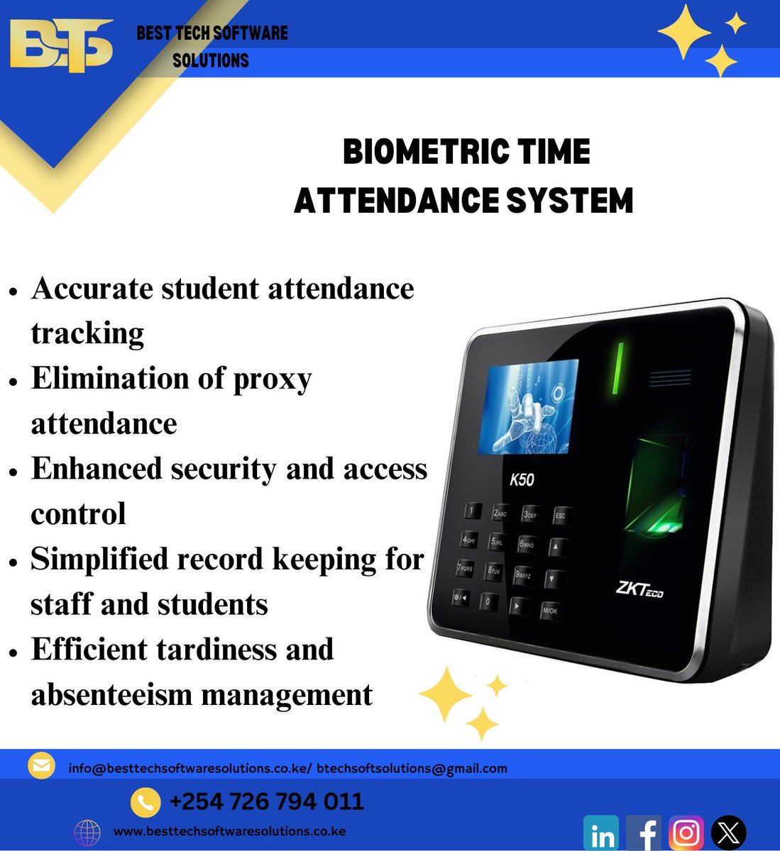 bestsoftware_ke's tweet photo. Ensure accurate attendance and enhance security at your school with our Biometric Time Attendance System. Simplify record-keeping and eliminate proxy attendance today. Call 0726794011 #MainaAndKingangi #Iran #Arsenal #Limuru3Declaration #MlimaIsBack https://t.co/8ODJS5qL8z