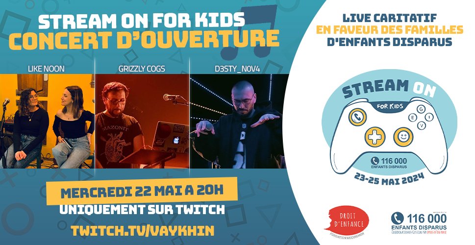 Rendez-vous demain soir à 20h pétante pour la cérémonie d'ouverture du #StreamOnForKids 2024 !
Concert avec <a href="/D3styN0v4/">D3sty N0v4</a> + <a href="/GrizzlyCogs/">Grizzly Cogs</a> + Like Noon.
RDV -> twitch.tv/vaykhin